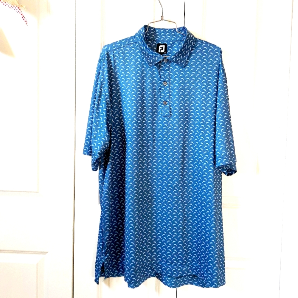 Dolphin Print Blue on Blue Golf Polo‎ Shirt XL FootJoy Florida Cruise Wear